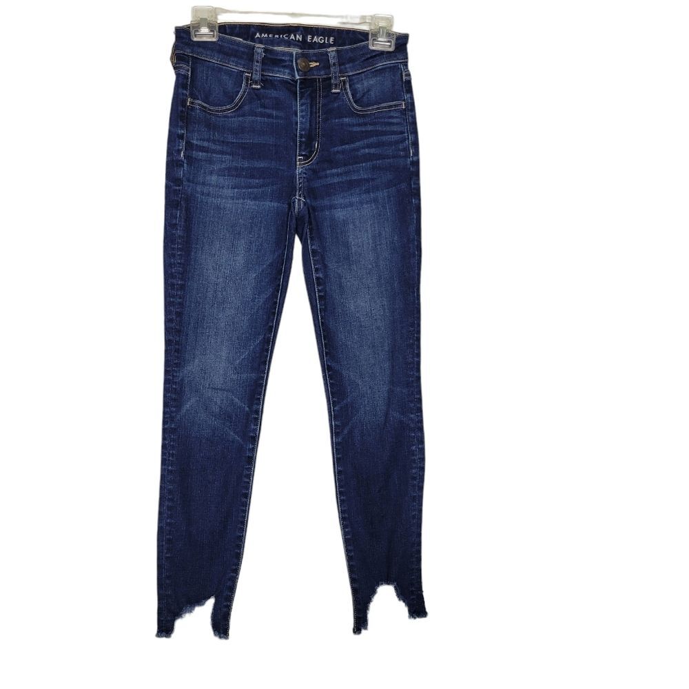 American Eagle Size 2 Dark Wash High Rise Cropped Distressed Raw Hem Jeggings